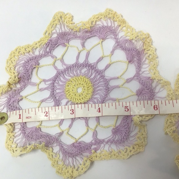 Vintage doilie pair hand made crochet lavender and soft yellow oval and round - Picture 5 of 6